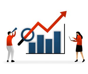 business-and-promotion-of-illustration-seo-logo-analyze-and-search-for-keywords-and-determine-sales-growth-targets-charts-with-stable-and-increasing-growth-flat-character-style-free-vector