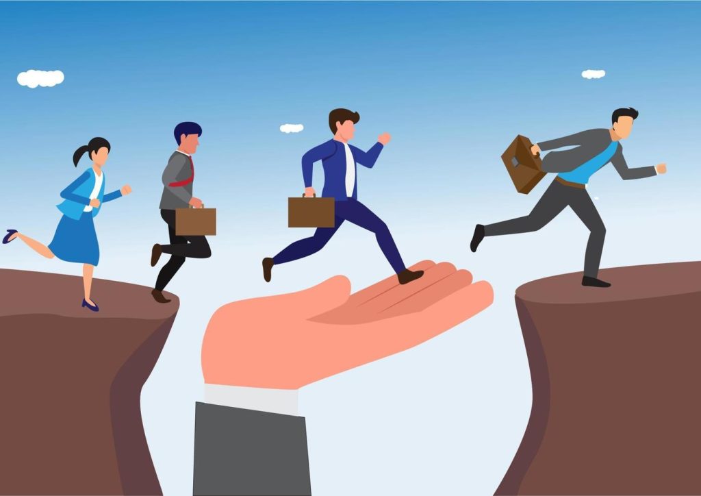 support-of-help-to-solve-problem-manager-mentorship-or-coaching-to-help-team-success-leadership-to-guide-employee-to-achieve-goal-concept-giant-hand-help-business-people-cross-the-problem-gap-vector